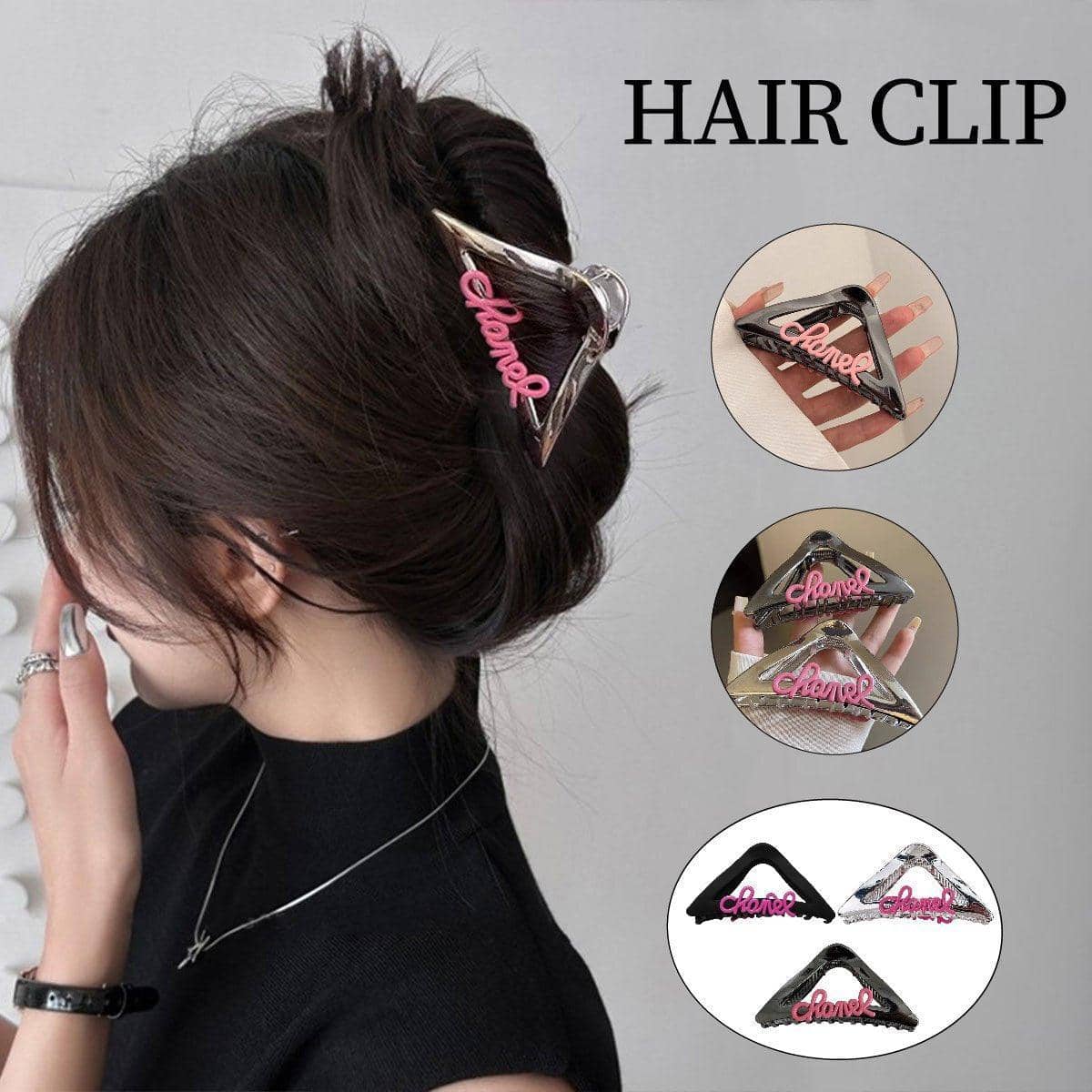 Metal Triangle Shark Hair Clip - Glossy Gunmetal Black with Rose Pink Script - view 2