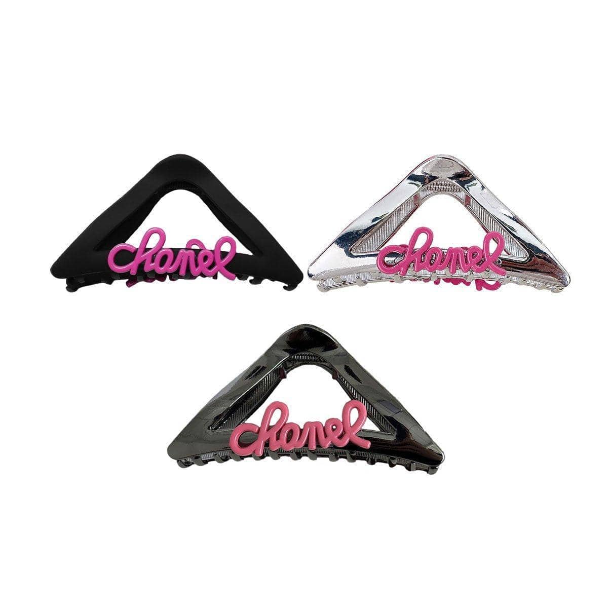 Metal Triangle Shark Hair Clip - Glossy Gunmetal Black with Rose Pink Script - view 3