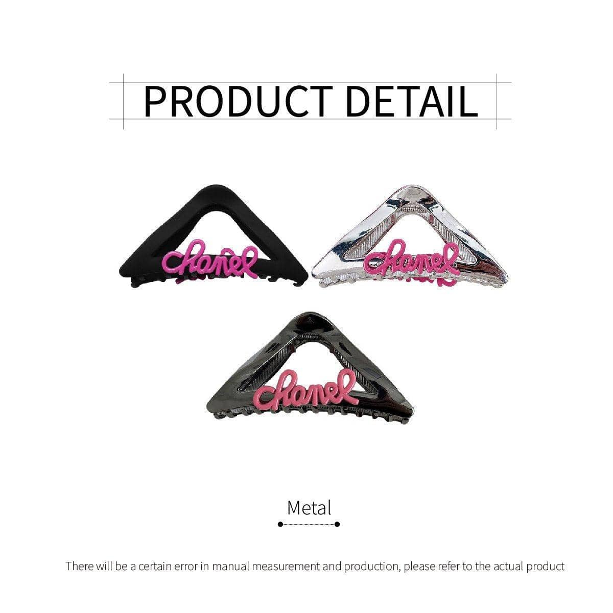 Metal Triangle Shark Hair Clip - Glossy Gunmetal Black with Rose Pink Script - view 4