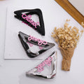 Metal Triangle Shark Hair Clip - Glossy Gunmetal Black with Rose Pink Script - view 5