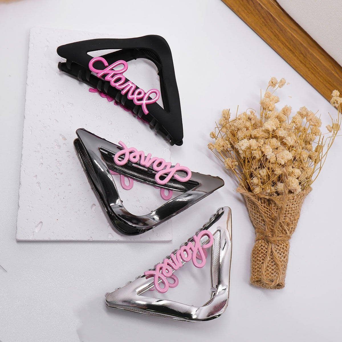 Metal Triangle Shark Hair Clip - Glossy Gunmetal Black with Rose Pink Script - view 5