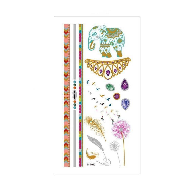 Metallic Temporary Tattoo Stickers for Arms and Body - Elephant, Dandelions and Multicolour Chevron Band