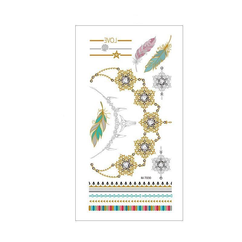 Metallic Temporary Tattoo Stickers for Arms and Body - Gold and Silver Mandala Necklace and Feathers