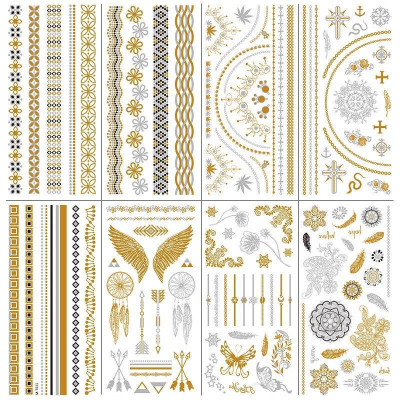 Metallic Temporary Tattoo Stickers for Arms and Body - Gold and Silver Stars, Triangles and Chain Swags - view 3