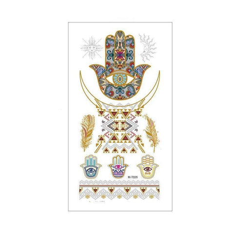 Metallic Temporary Tattoo Stickers for Arms and Body - Multicolour Hamsa Hands, Feathers and Gold Patterns