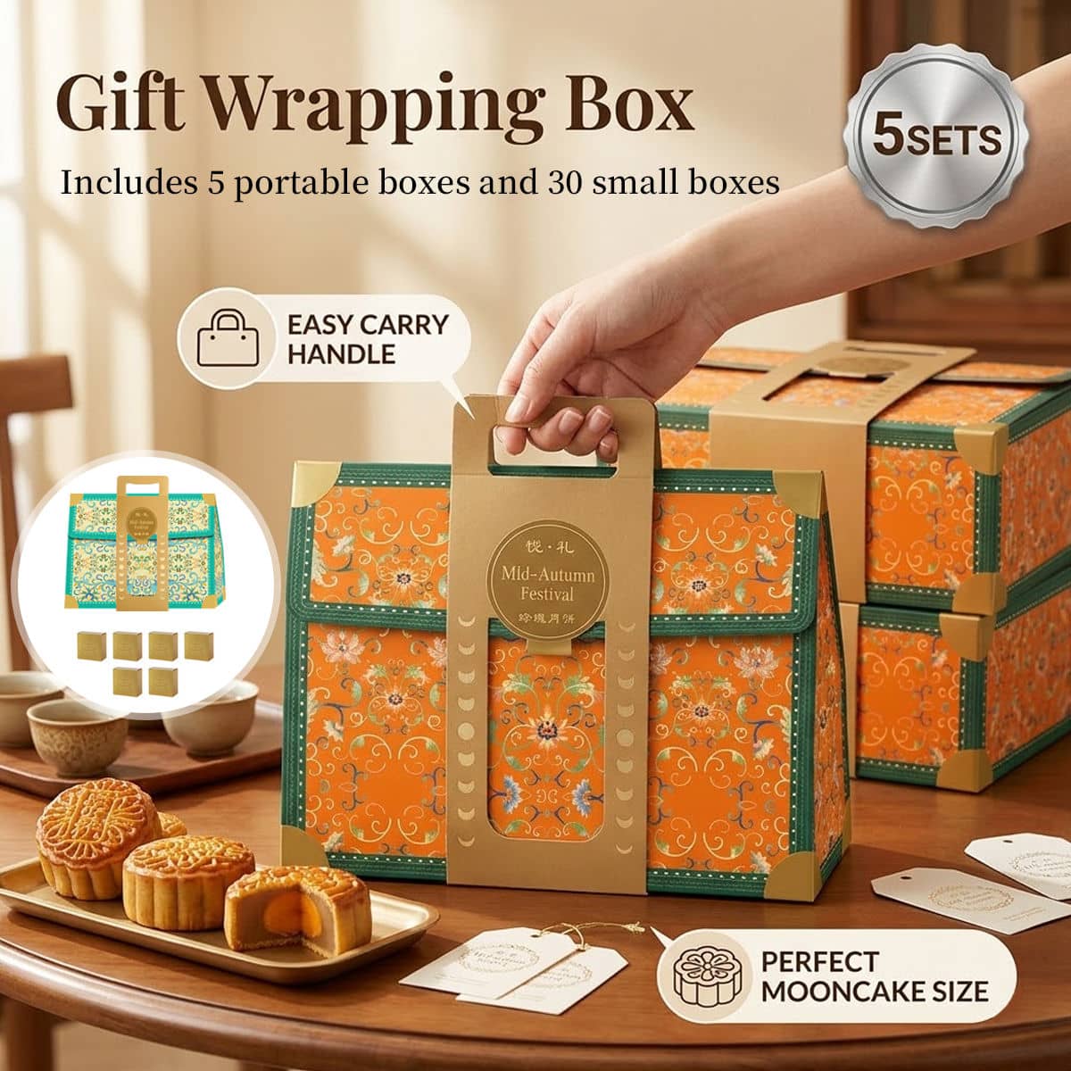 Mid Autumn Moon Cake Gift Box Sets with Carry Handle, Pack of 5 - Green - view 2