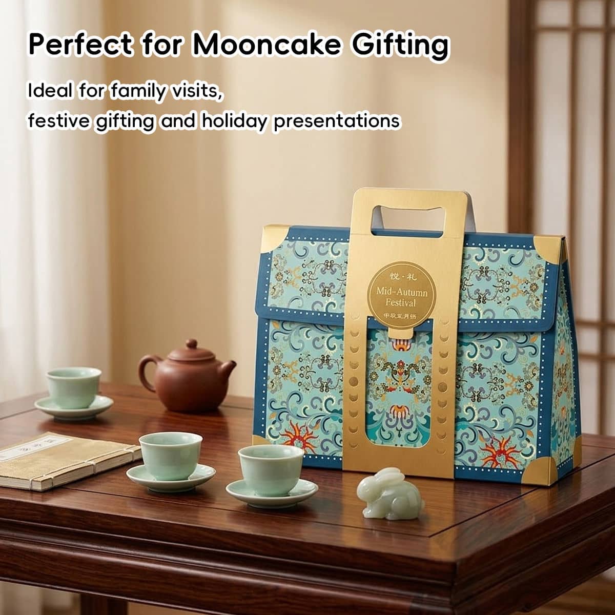 Mid Autumn Moon Cake Gift Box Sets with Carry Handle, Pack of 5 - Green - view 5
