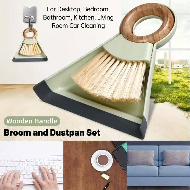 Mini Broom and Dustpan Set with Wooden Handle, Compact Desktop Cleaner