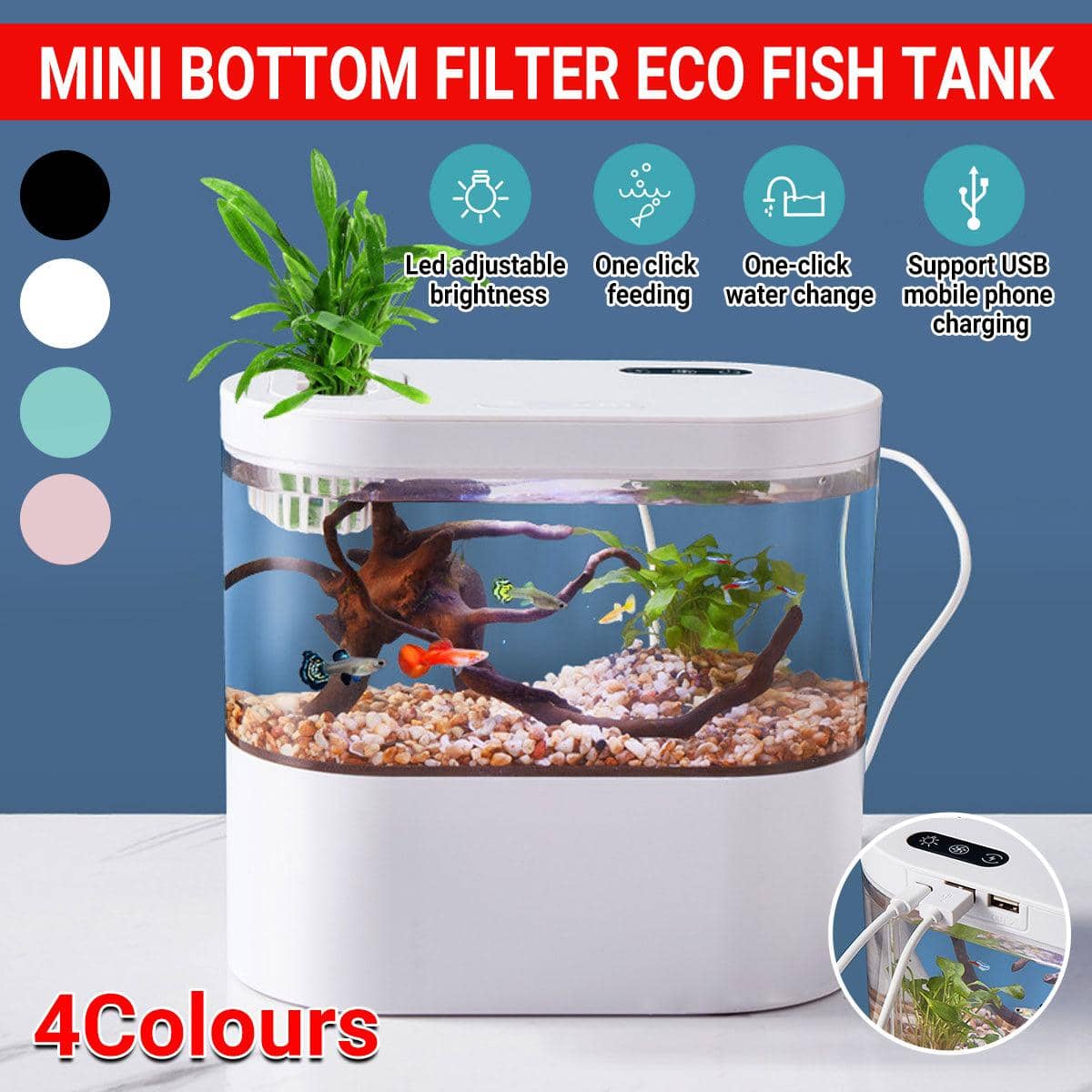 Mini Desktop Fish Tank with LED Light and Bottom Filter, 4 Litre - Black - view 2