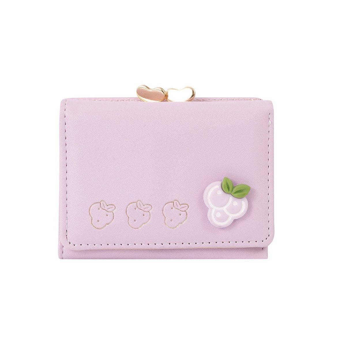 Mini Folding Wallet with Fruit Design, Faux Leather - Light Purple Grape
