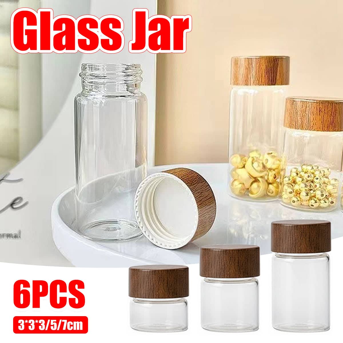 Mini Glass Storage Jars with Lids, Pack of 6 - 3 x 3 x 5 cm - view 2