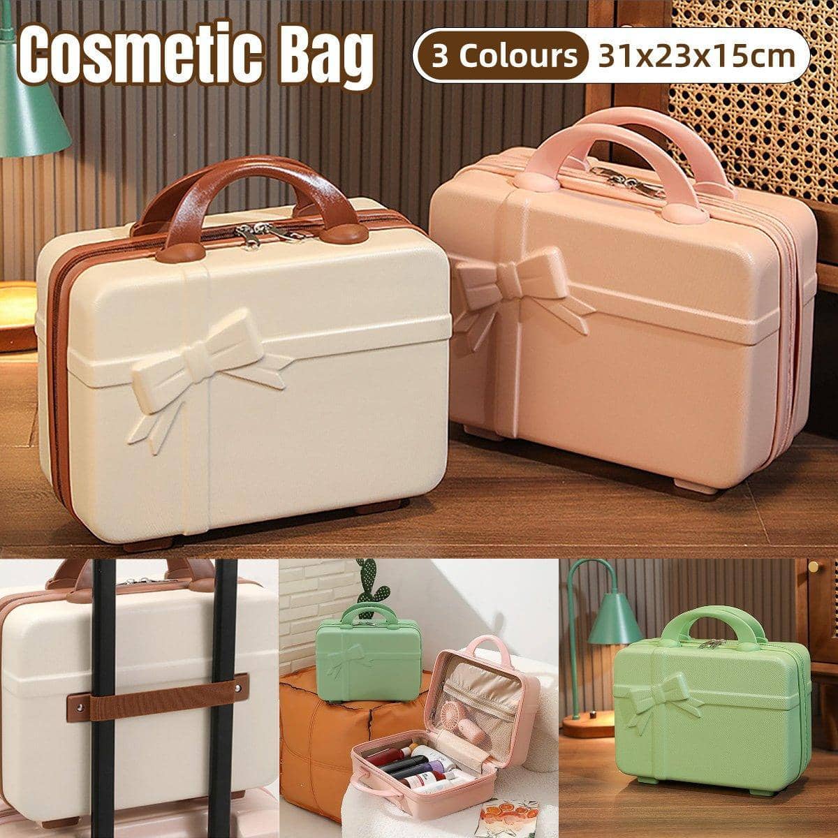 Mini Makeup Travel Case with Bow Accent - Cream with Brown Handles - view 2
