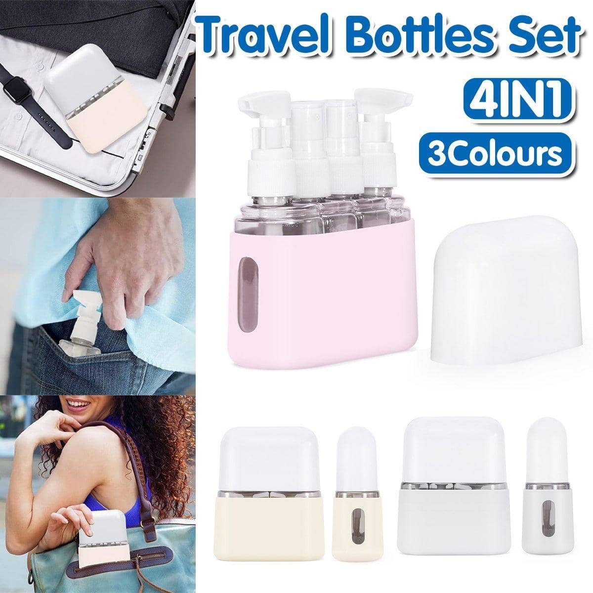 Mini Shampoo Dispenser Travel Bottle Set, 4 Refillable Bottles - Light Grey - view 2