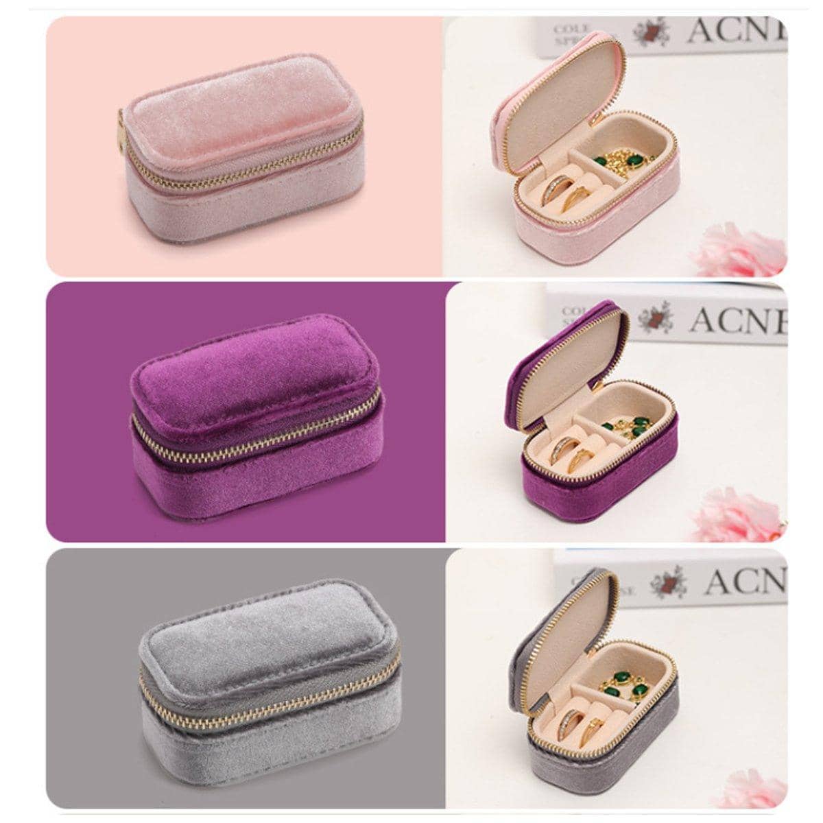 Mini Velvet Travel Jewellery Storage Box with Zip - Grey - view 5