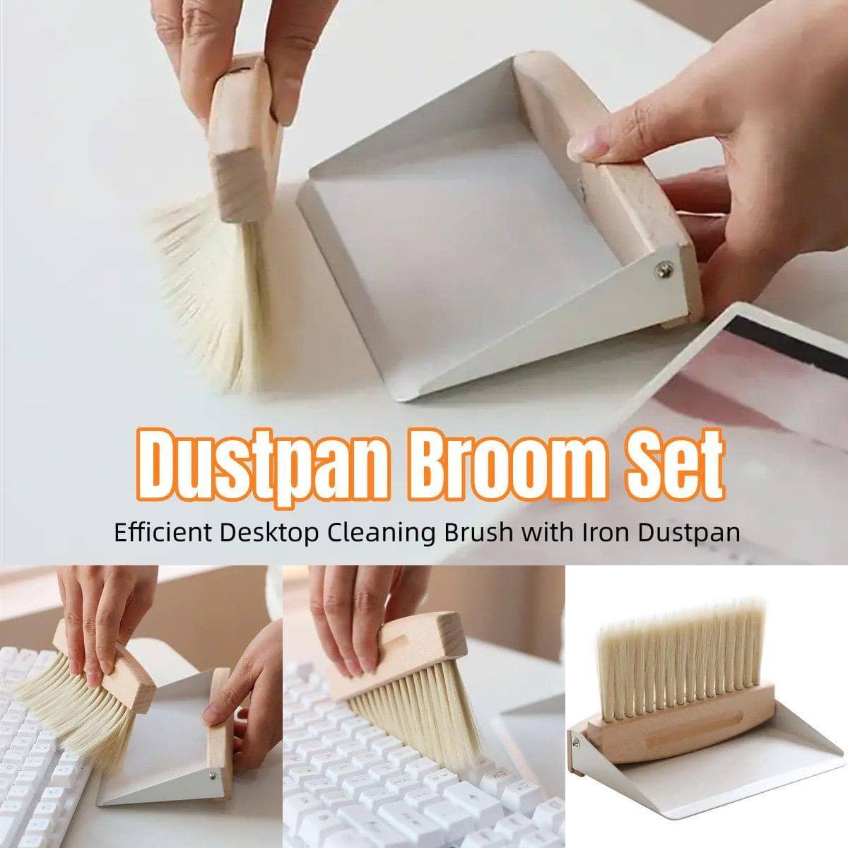 Mini White Desk Brush and Dustpan Set for Keyboards, Tables and Car Interiors