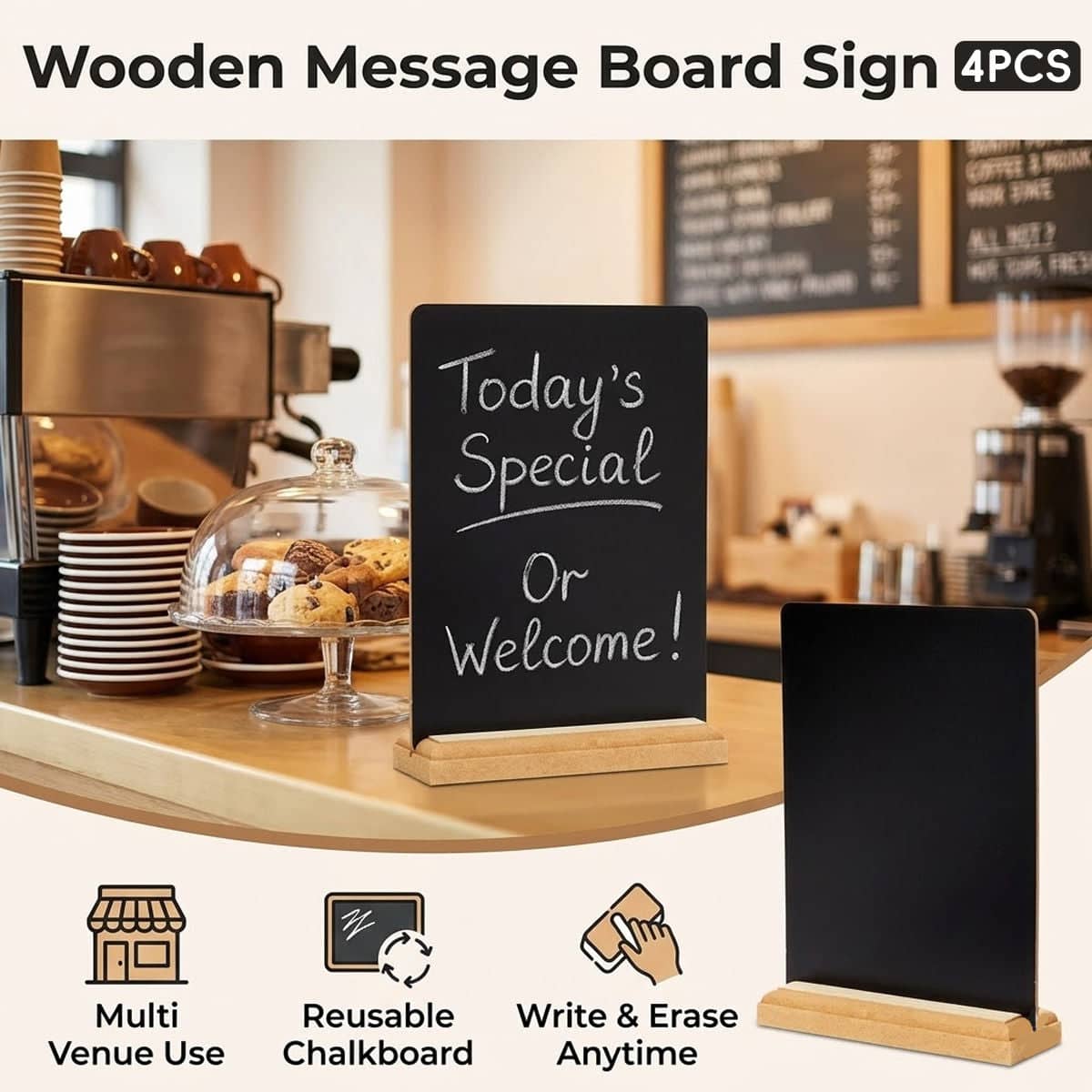 Mini Wooden Chalkboard Signs 4 Pack Reusable Message Board with Stand