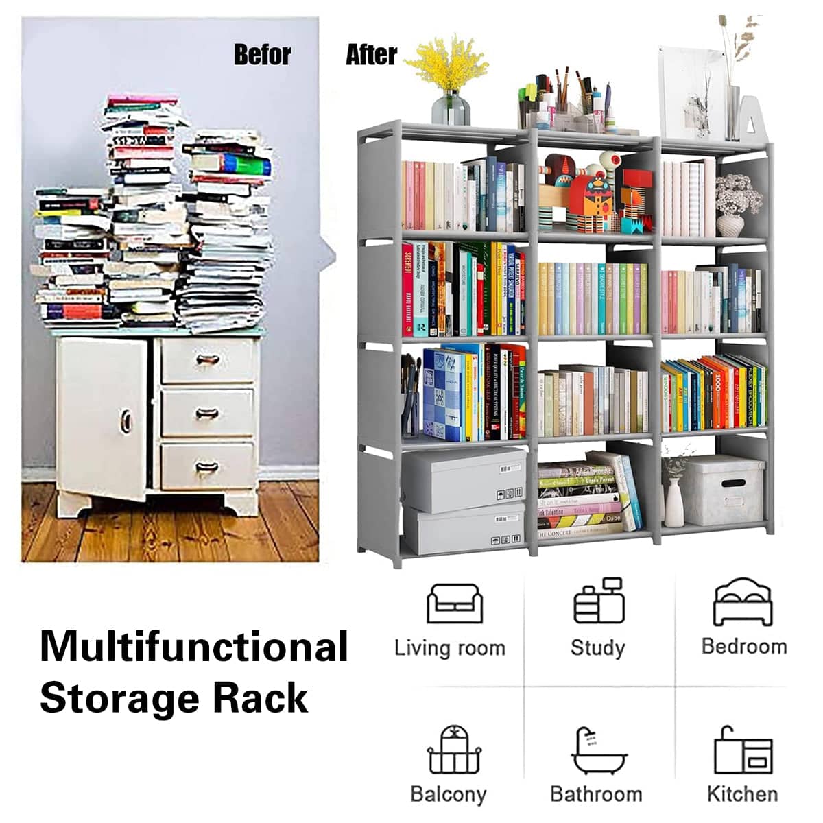 Minimalist Bookshelf Storage Cabinet, 9 Compartments - Grey - view 5