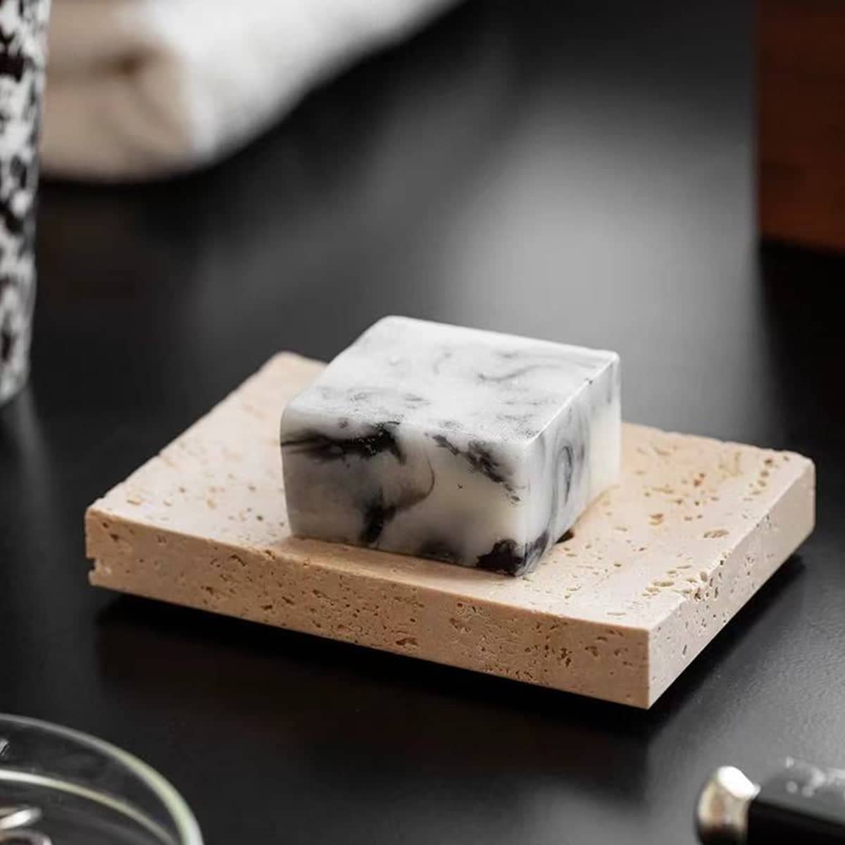 Minimalist Travertine Soap Dish Holder with Drainage Slot - Beige - view 5