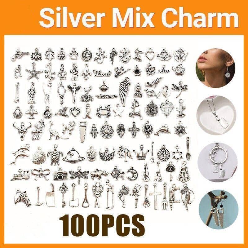 Mixed Tibetan Silver Charms for Jewellery Making - 100 Pack, 0.7-2.5cm