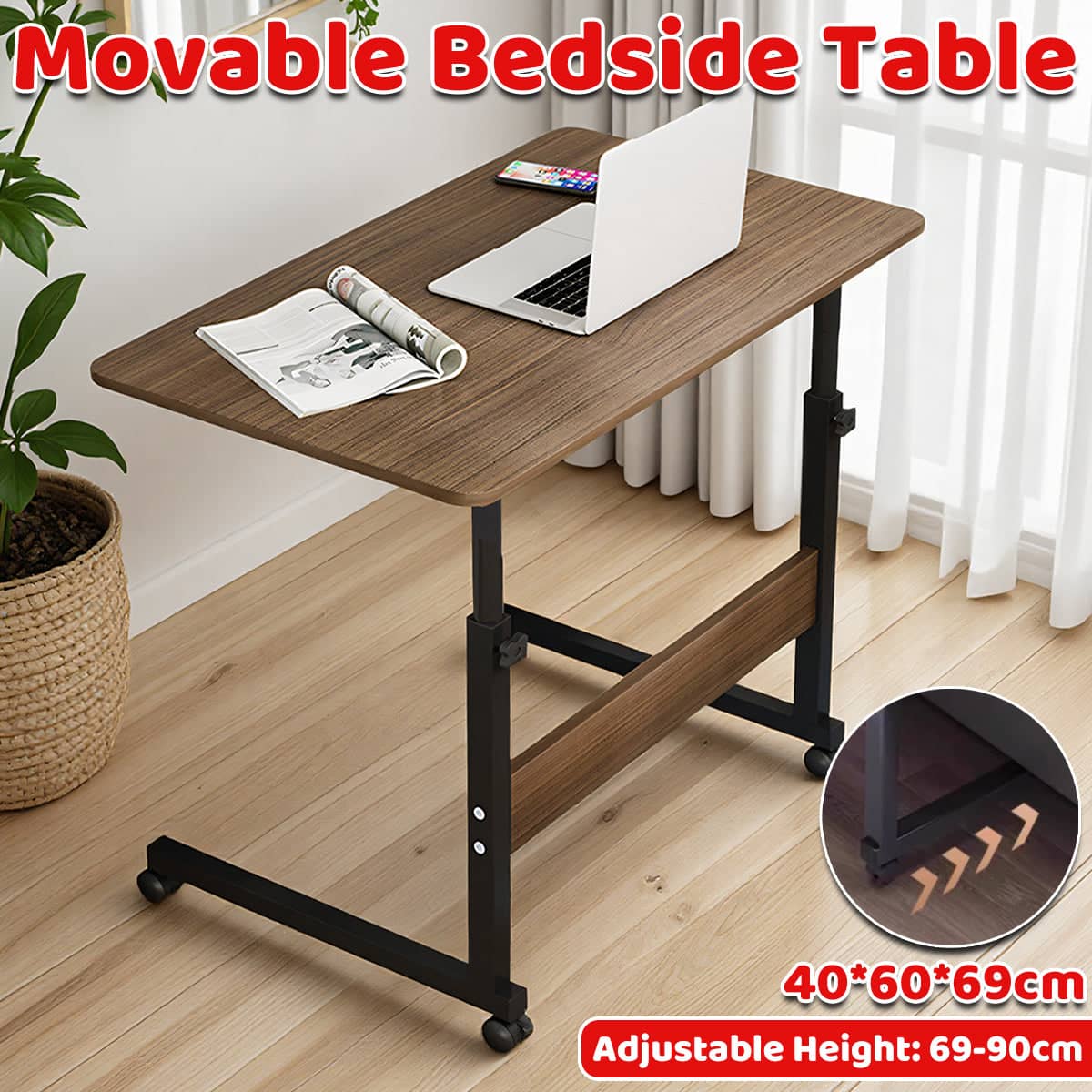 Mobile Bedside Table with Adjustable Height and Wheels, Wood Tone and Black Frame