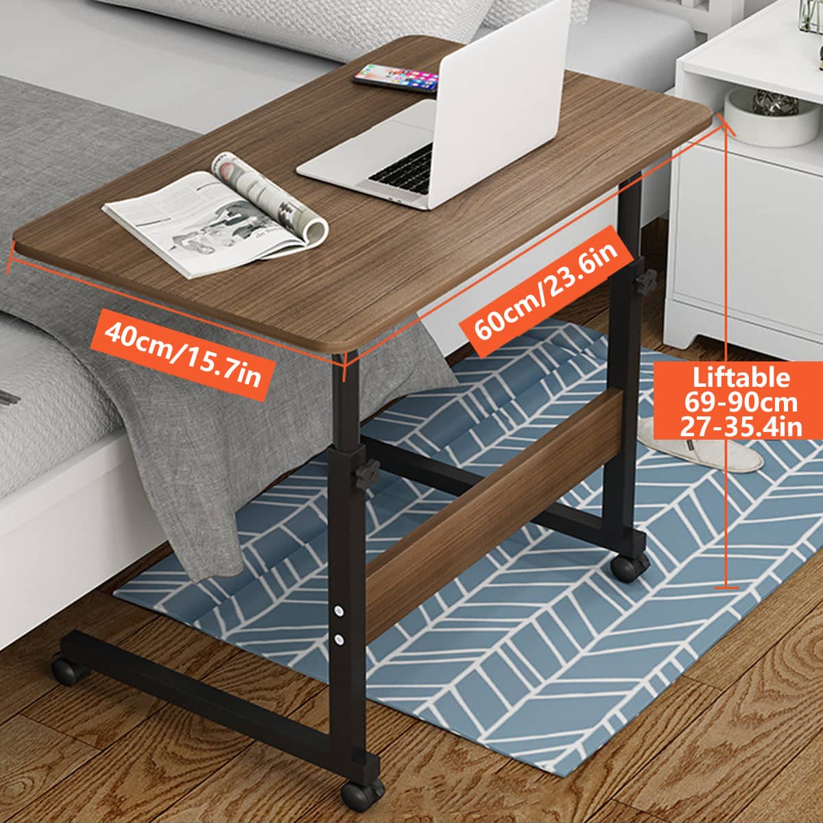 Mobile Bedside Table with Adjustable Height and Wheels, Wood Tone and Black Frame - view 4