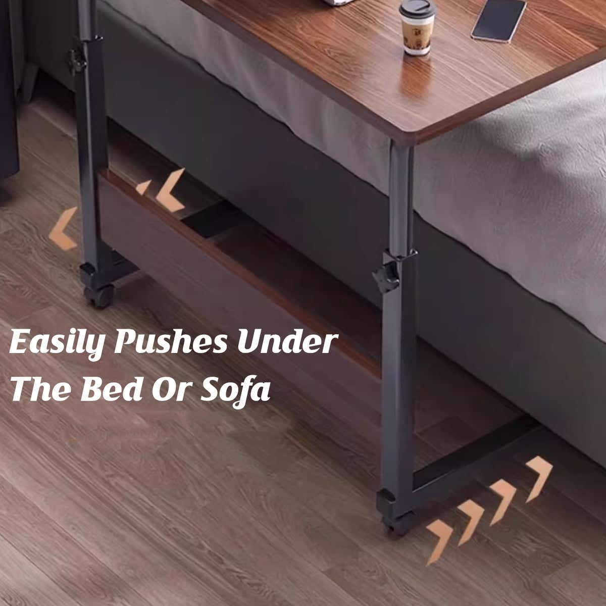 Mobile Bedside Table with Adjustable Height and Wheels, Wood Tone and Black Frame - view 5