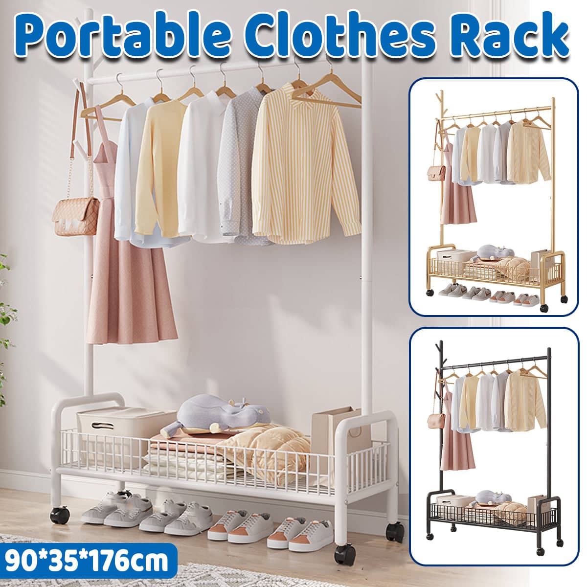 Mobile Clothes Rack with Wheels - Gold, 90 x 35 x 176 cm - view 2