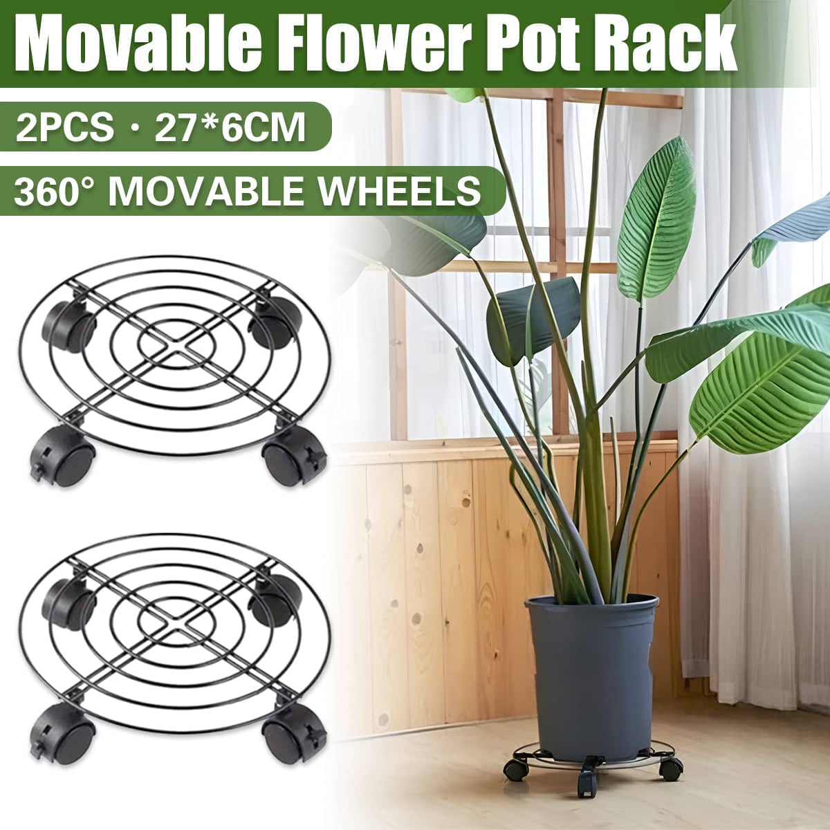 Mobile Iron Plant Stand with Lockable Wheels, Black, Pack of 2