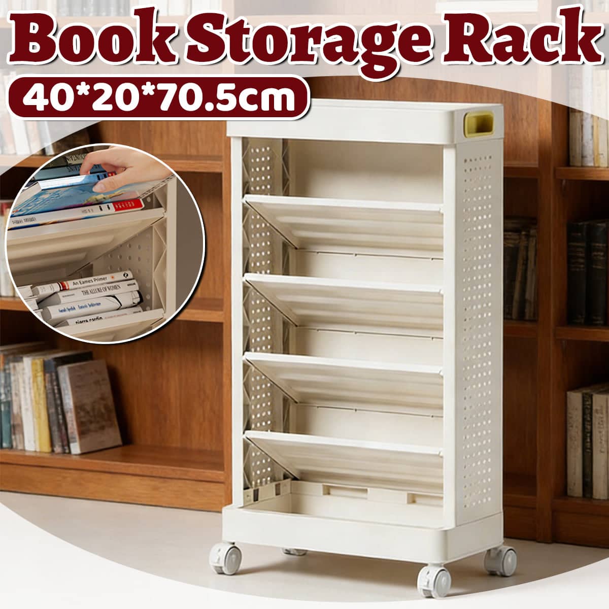 Mobile Rolling Bookshelf 5 Tier Storage Rack, 40 x 20 x 70.5 cm