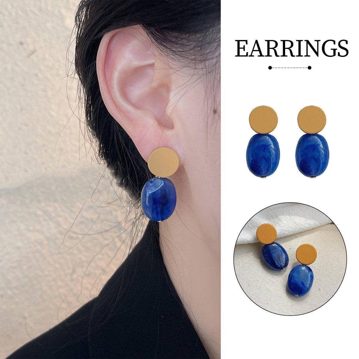 Modern Clashing Blue Drop Earrings for Women, Gold Top Acrylic