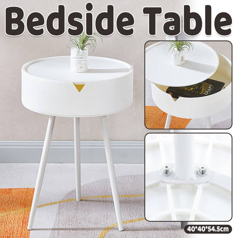 Modern Round Bedside Table with Storage, White 40 cm Side Table