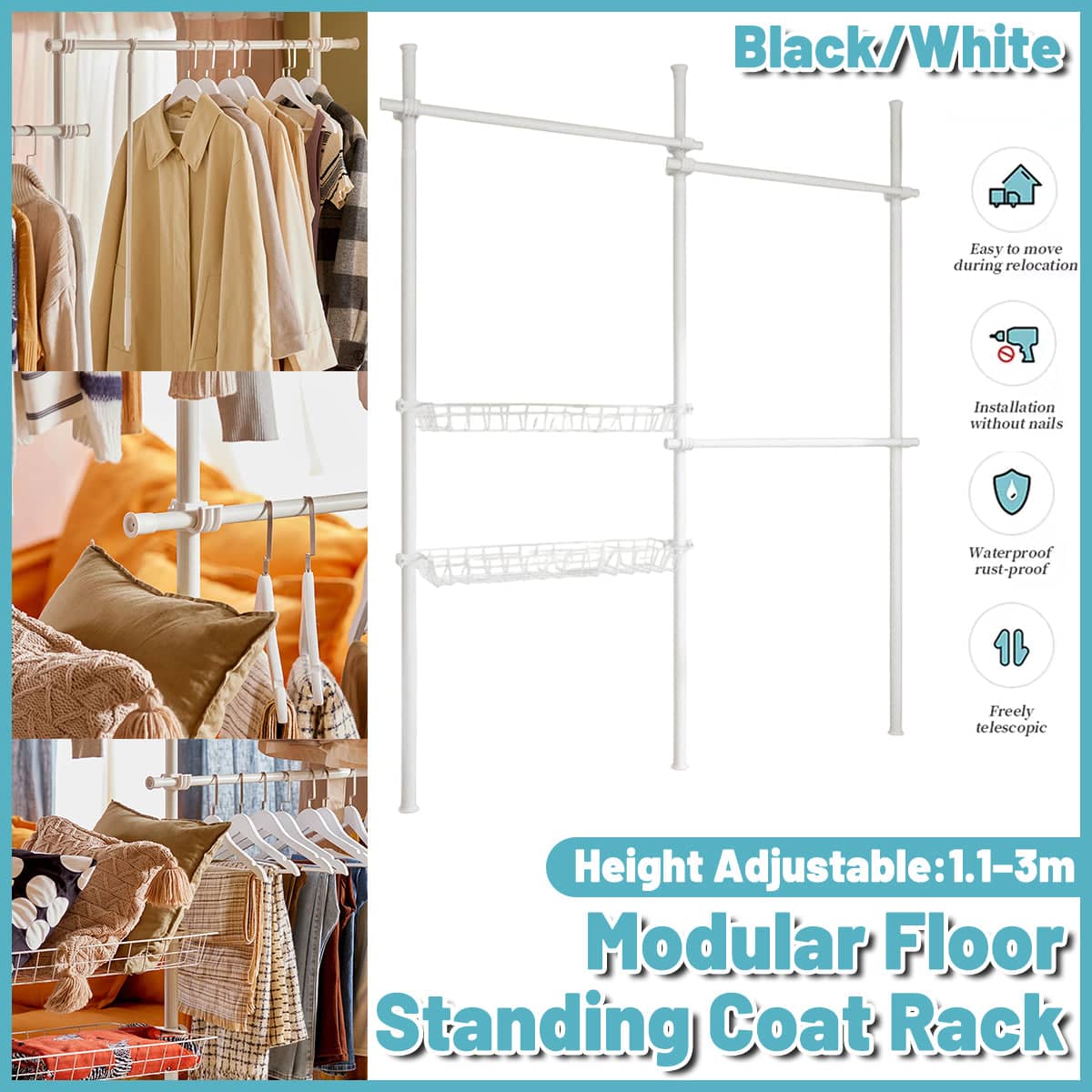 Modular Floor-Standing Clothes Rack Adjustable Height for Home Storage - Black - view 2