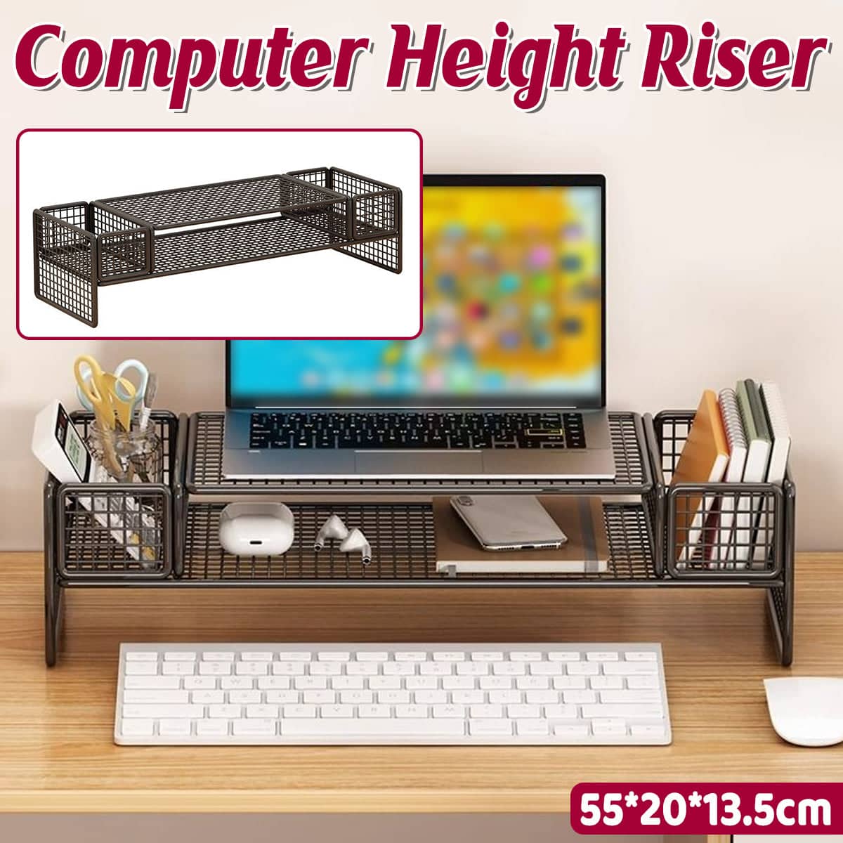 Monitor and Laptop Height Riser with Storage Shelf, Black