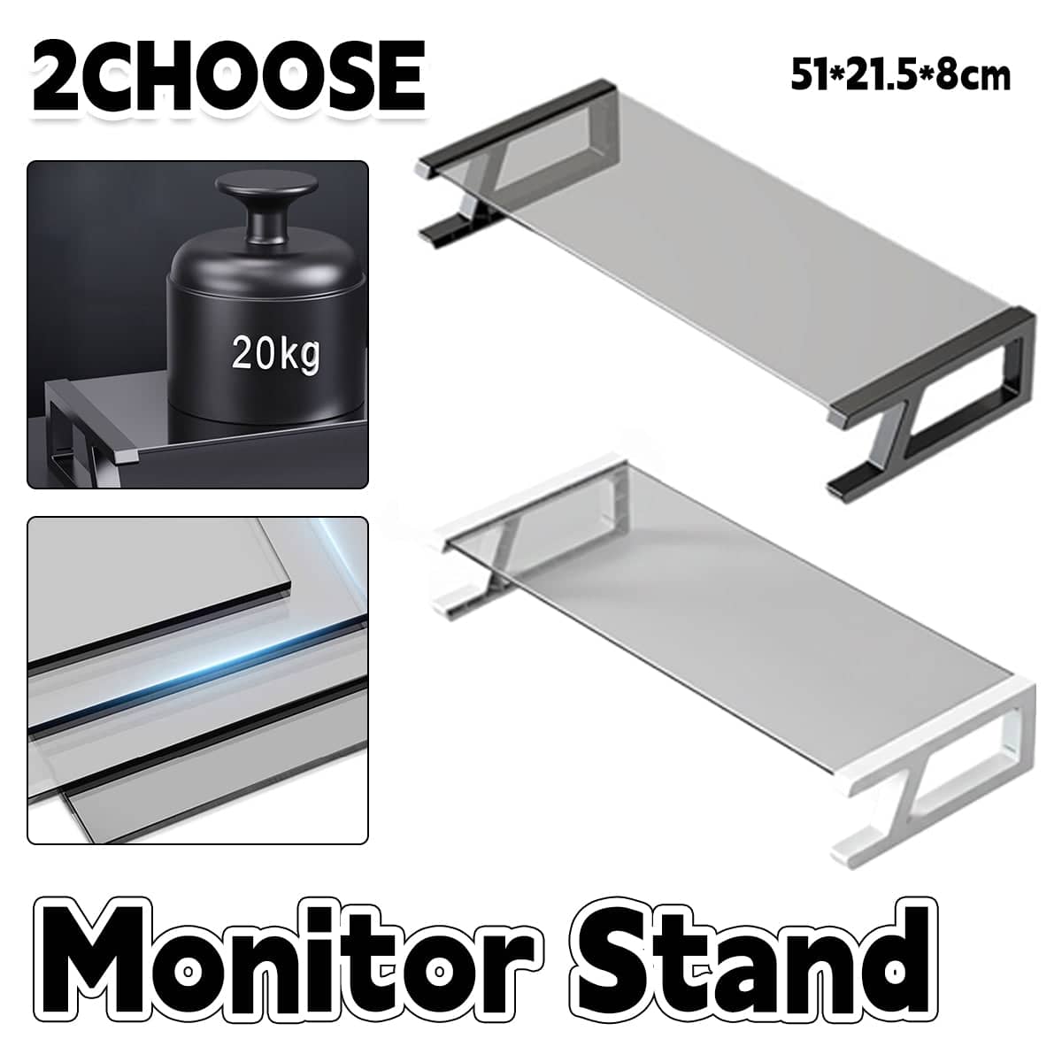 Monitor Stand Riser with Tempered Glass Top, Metal Frame, 51 x 21.5 x 8 cm - White - view 2