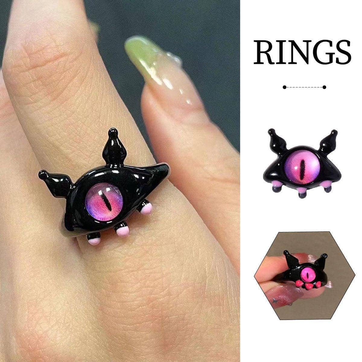 Monster Eye Open Ring for Women - Black with Pink Eye