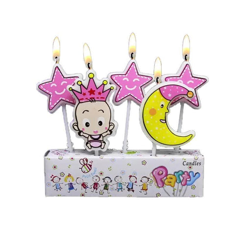 Moon and Baby Girl Birthday Cake Candles - Stars and Crown