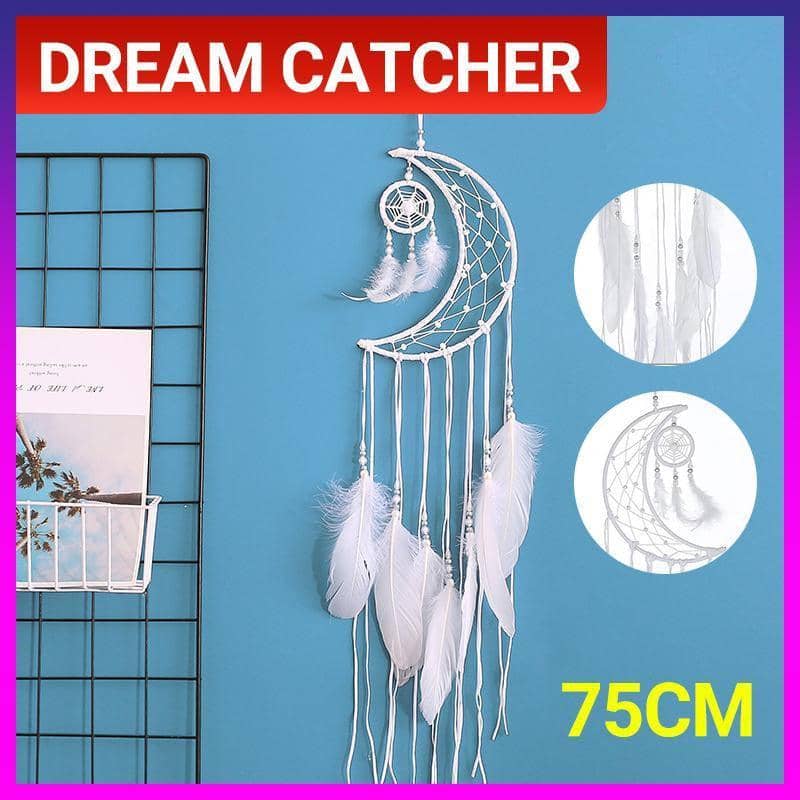 Moon Dream Catcher Wall Hanging with Feathers, Boho Nursery Bedroom Decor