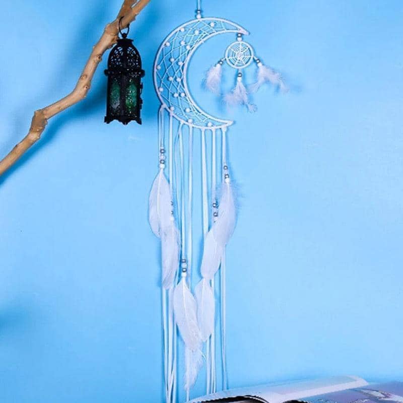 Moon Dream Catcher Wall Hanging with Feathers, Boho Nursery Bedroom Decor - view 5