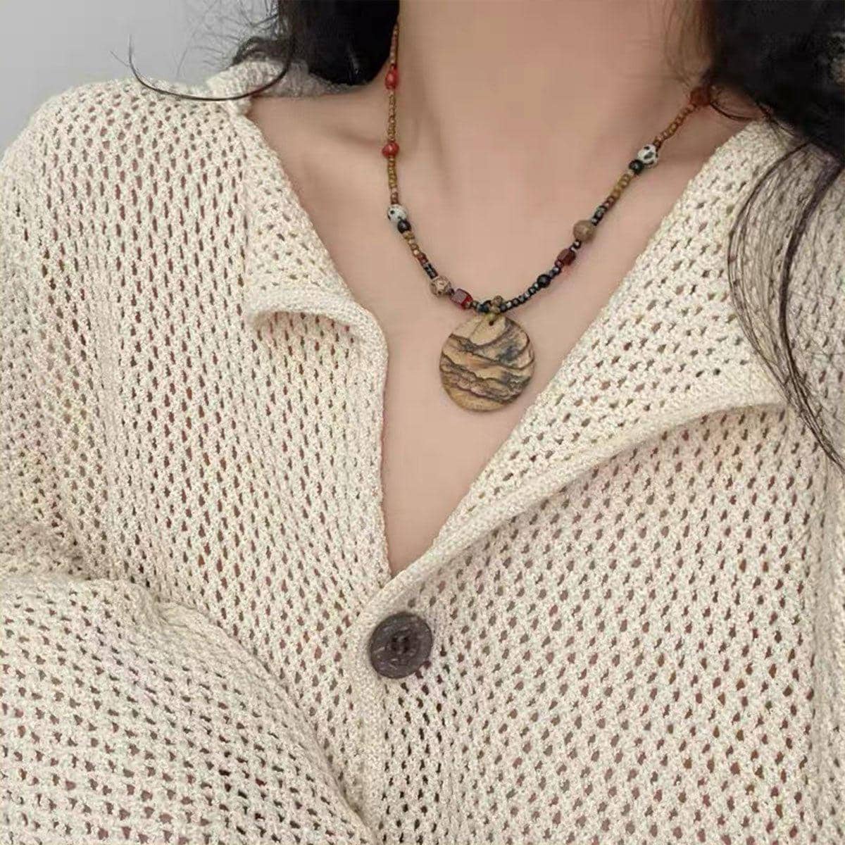 Mori Style Bead Clavicle Chain Necklace with Natural Stone and Czech Beads - view 4