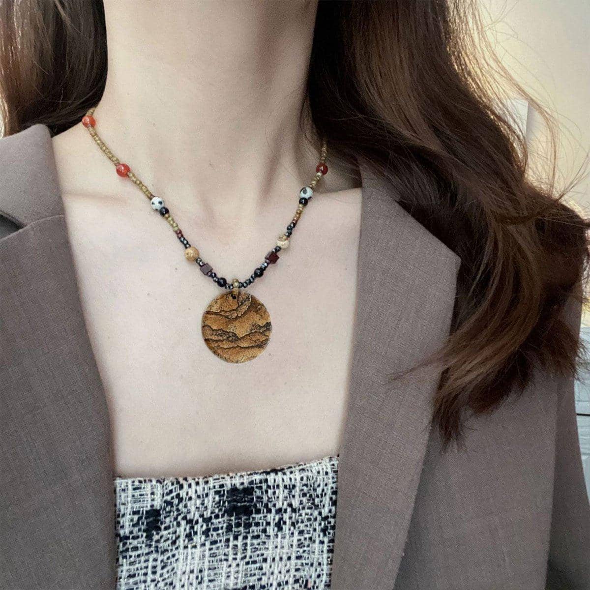 Mori Style Bead Clavicle Chain Necklace with Natural Stone and Czech Beads - view 5