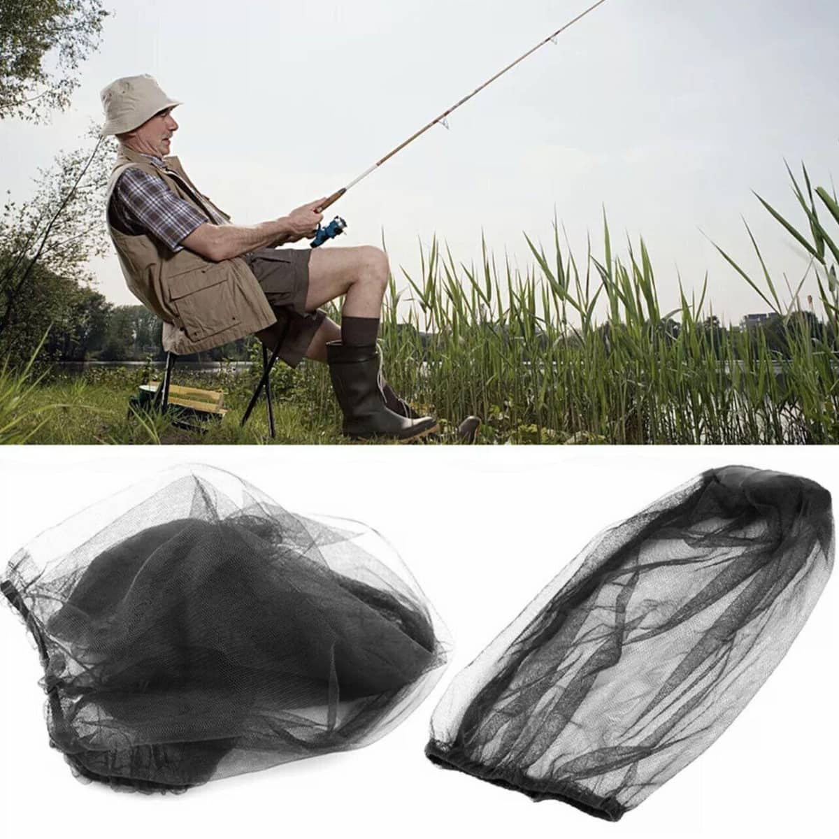 Mosquito Head Net Insect Mesh Hat for Fishing and Camping - Black, Single - view 4