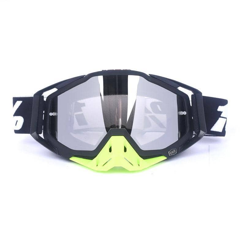 Motocross Racing Goggles, Windproof Dirt Bike Eyewear - Black and Green, Silver Mirror Lens