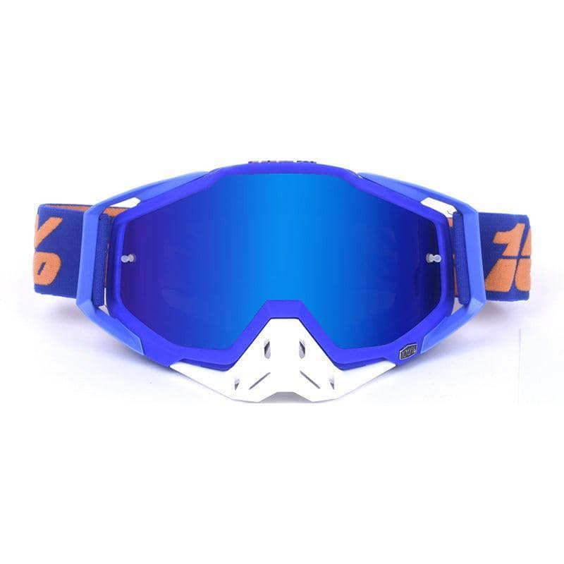 Motocross Racing Goggles, Windproof Dirt Bike Eyewear - Blue and White, Blue Mirror Lens