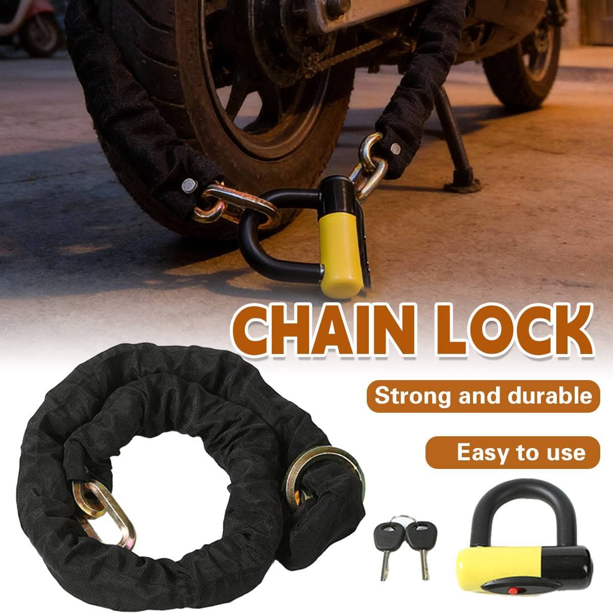 Motorcycle and Bicycle Chain Lock with U-Lock, Hardened Steel Anti-Theft Set