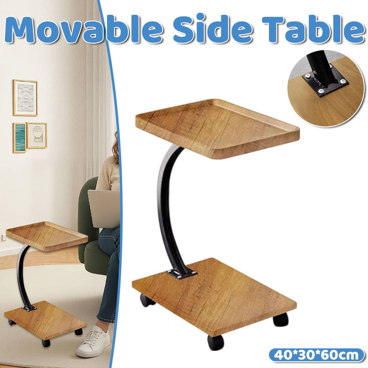 Movable Coffee Side Table on Wheels Laptop Desk Bedside Sofa End Table, Natural Wood