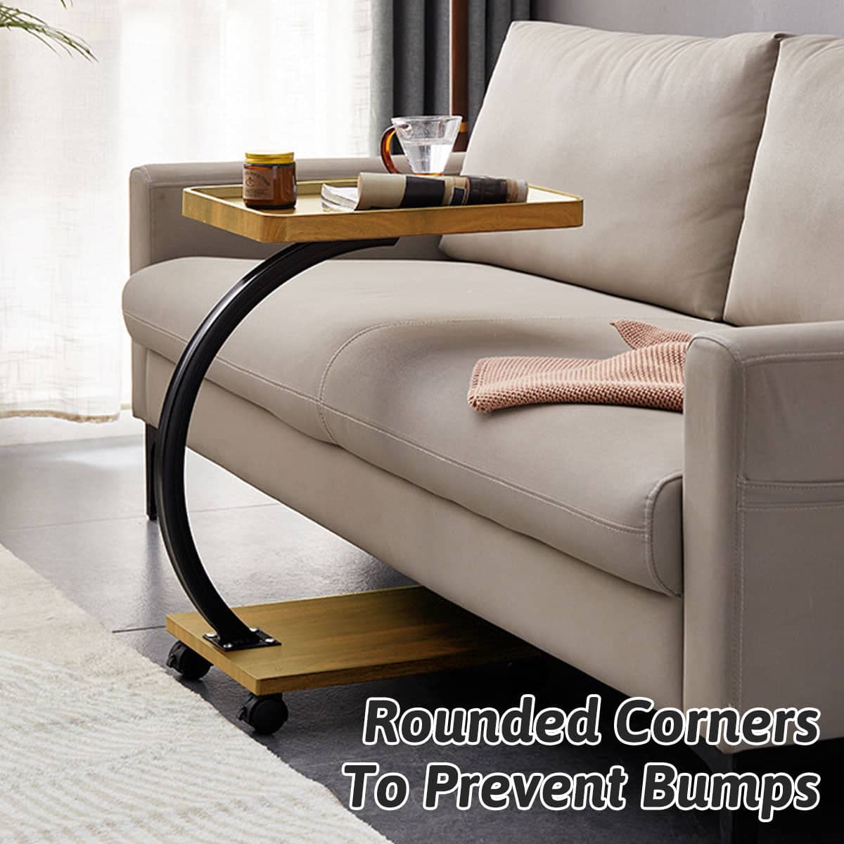Movable Coffee Side Table on Wheels Laptop Desk Bedside Sofa End Table, Natural Wood - view 5