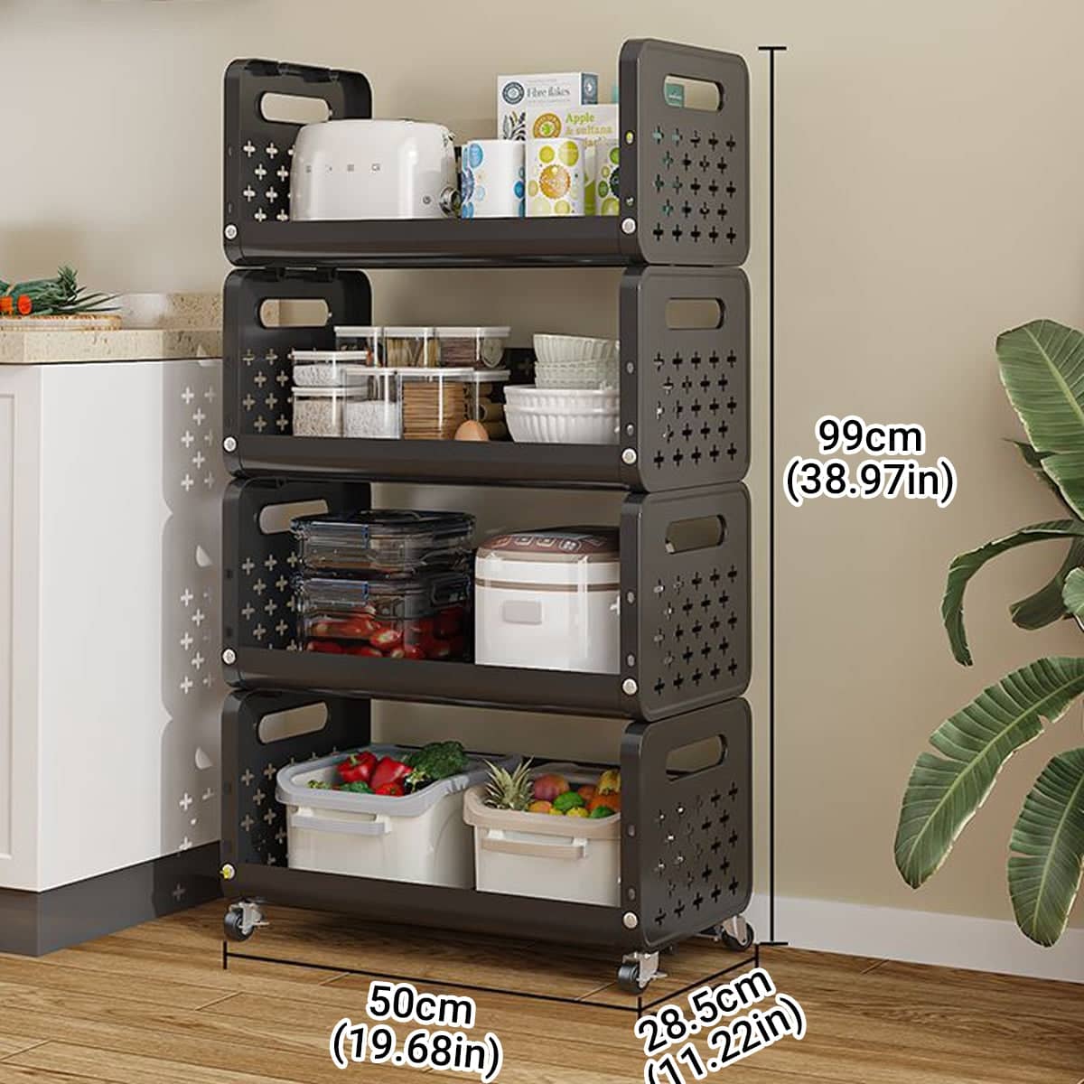 Movable Multi Layer Kitchen Storage Cart with Rotating Pulleys - Black - view 3
