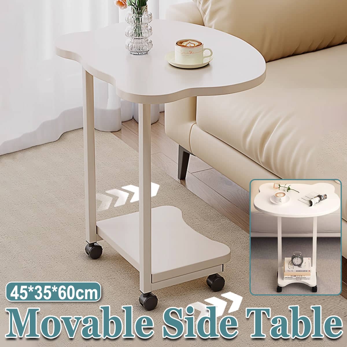 Movable Side Table with Rolling Wheels for Sofa and Bedside, Curved White