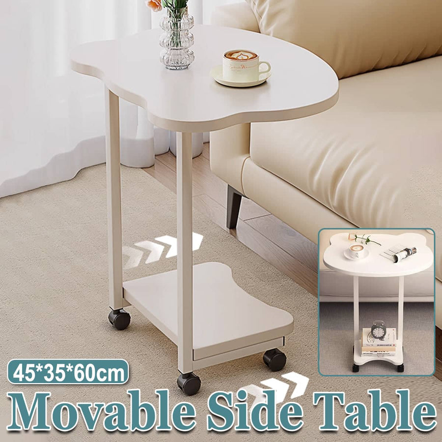 Movable Side Table with Rolling Wheels for Sofa and Bedside, Curved White