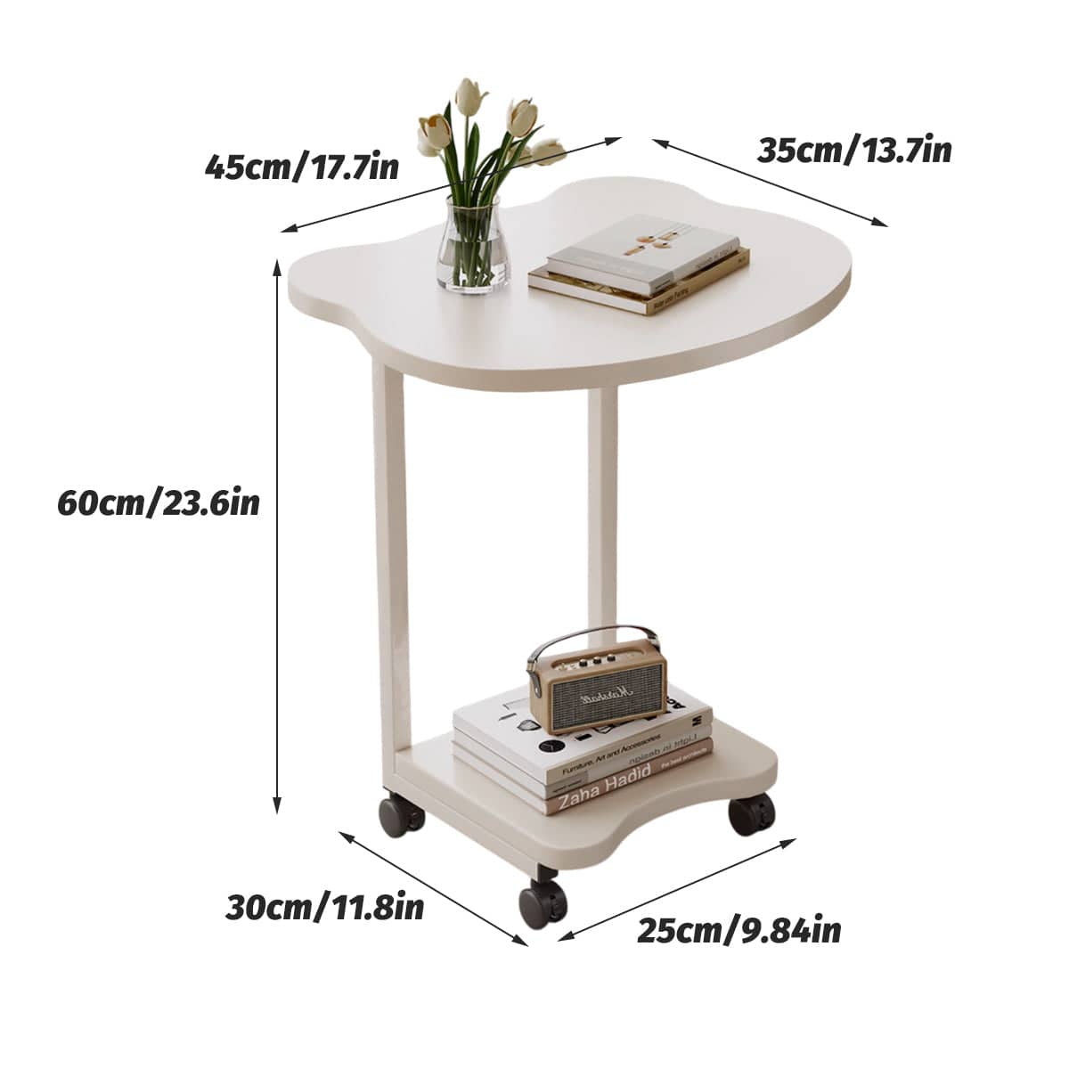 Movable Side Table with Rolling Wheels for Sofa and Bedside, Curved White - view 3